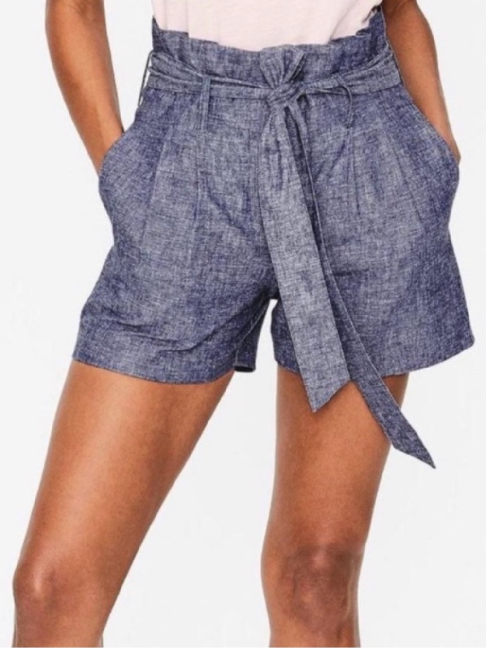 Boden Blue Chambray Paperbag Waist Tie Linen-Blend Shorts